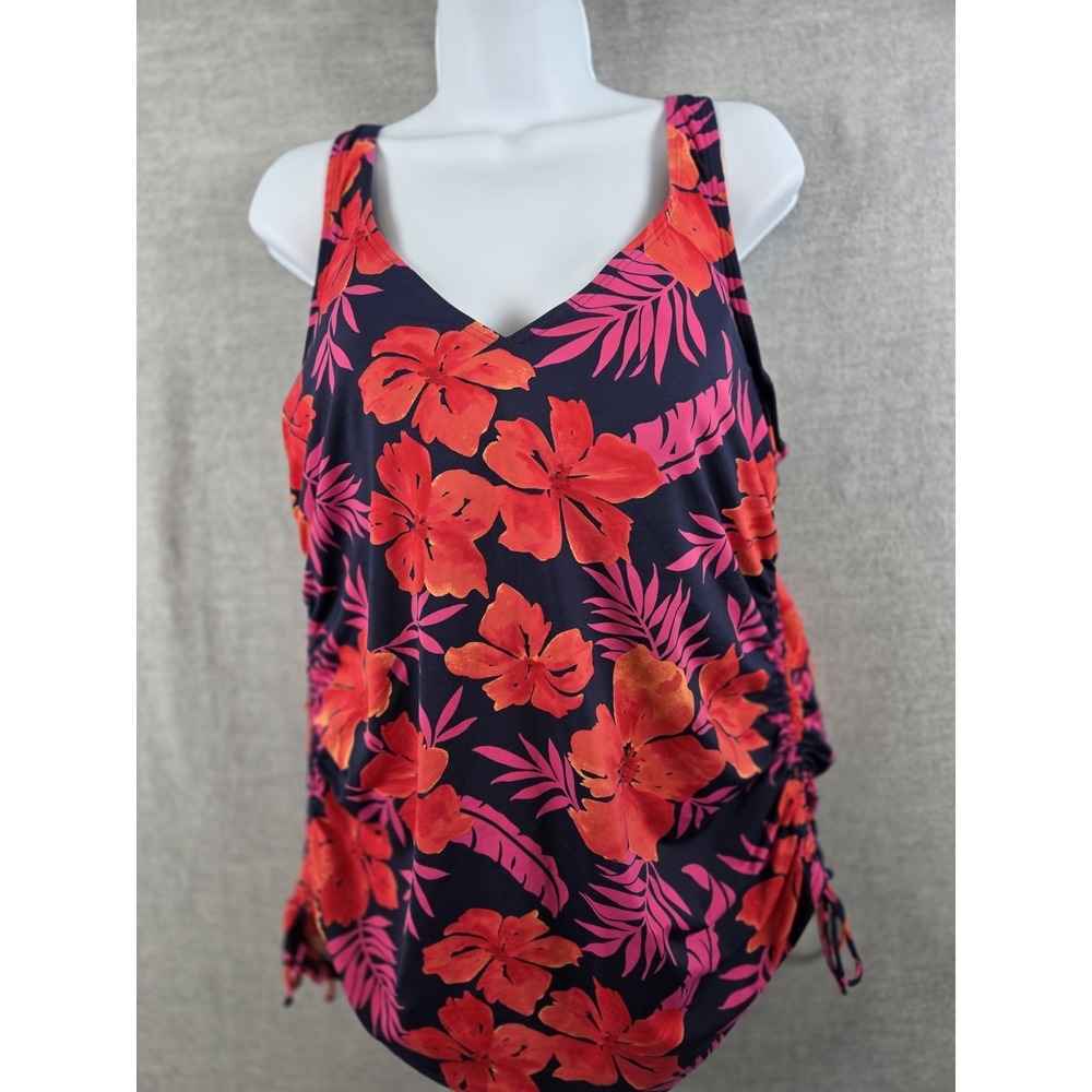 EUC Lands' End Swim Tankini - 16L Navy, Red, & Pink Tropical Print